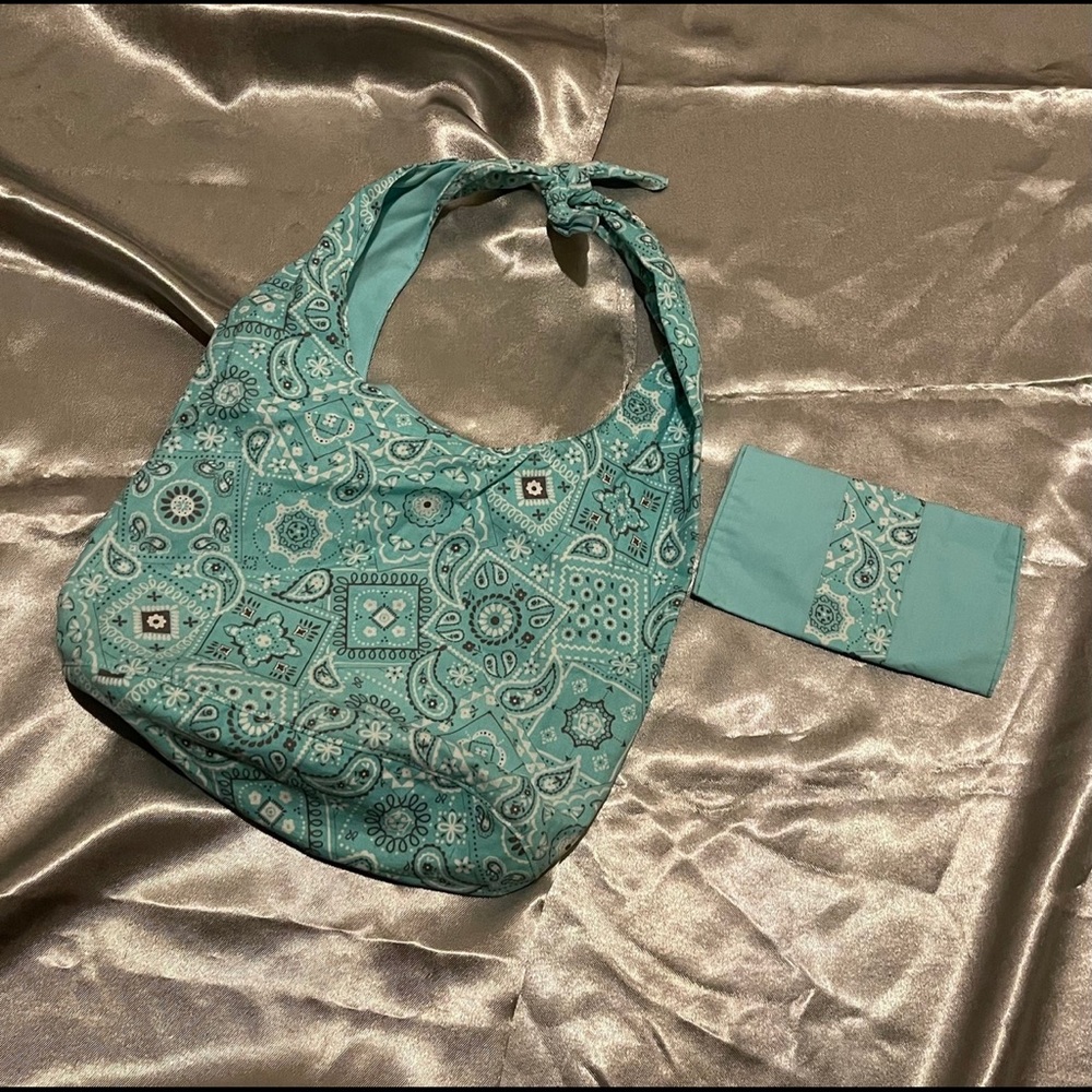 Handmade adjustable tie bag and wallet pouch set mint blue